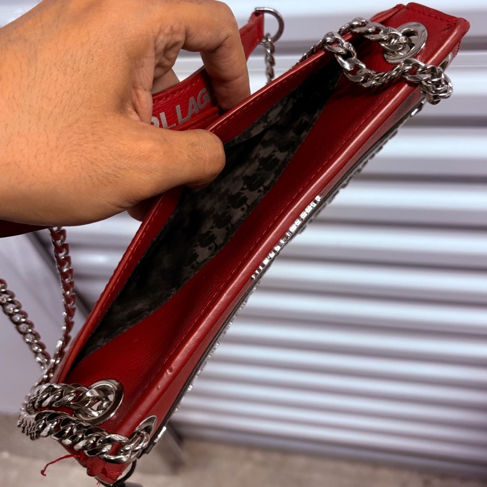Karl Lagerfeld Paris Ikons Sunglass Crossbody Bag Red Leather Crystal Stones - Picture 5 of 6